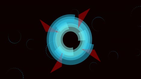 Animation of multiple blue circles and red shapes spinning in hypnotic motion on black background. G