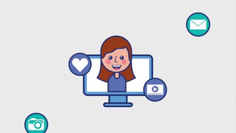 niño y niña felices en la computadora cayendo iconos de las redes sociales