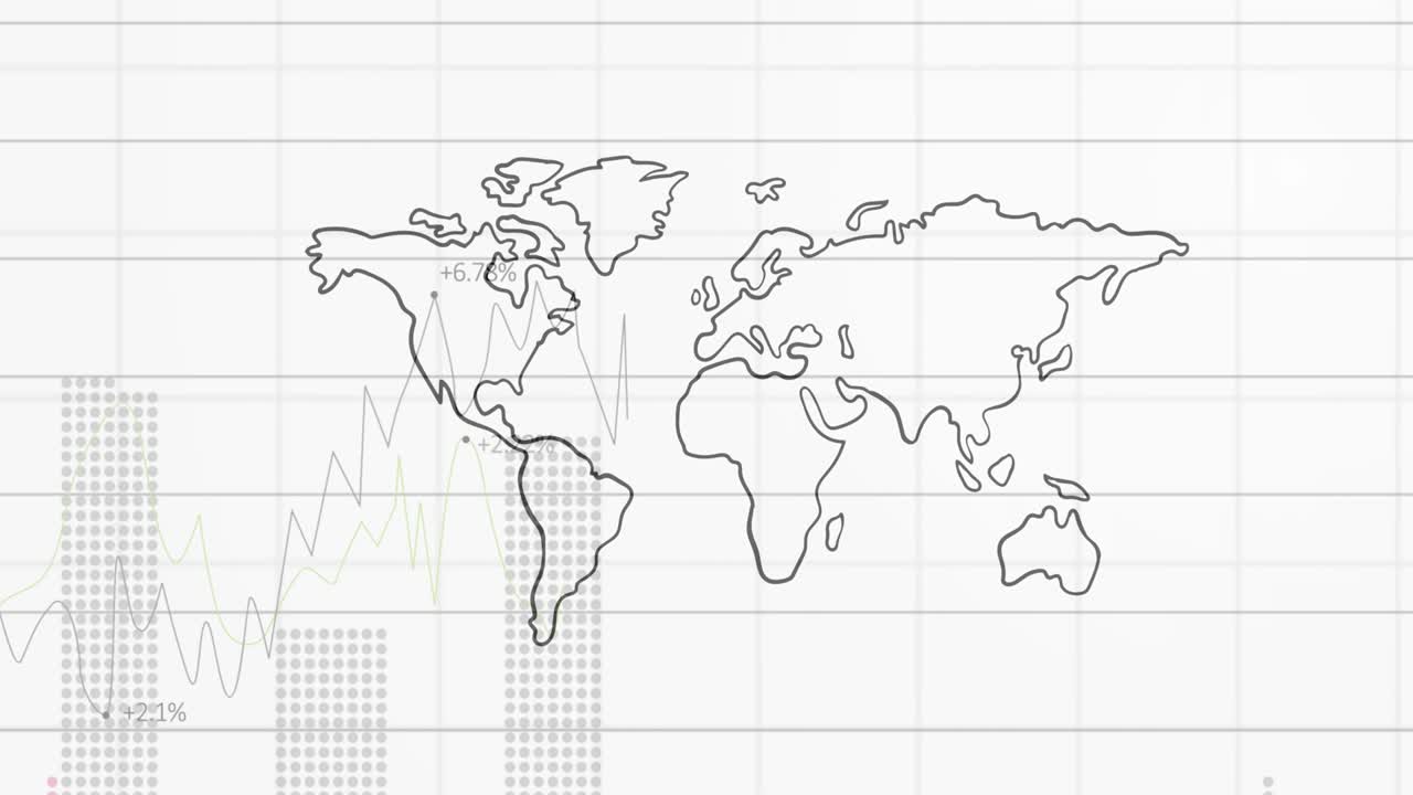 ⁇ 색 배경에 있는 그리드에 있는 세계 지도 위의 금융 데이터 처리 애니메이션
