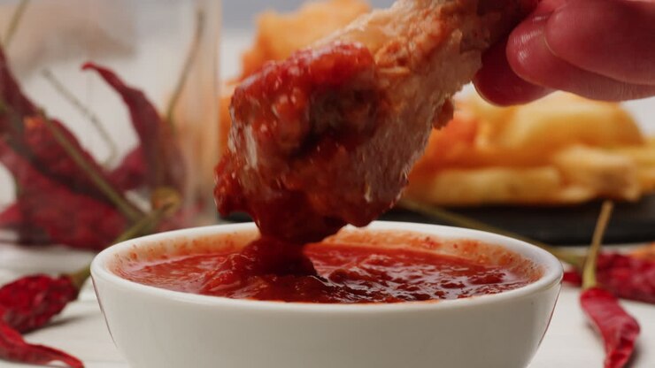 Intingere un'Ala di Pollo Croccante nella Salsa Piccante