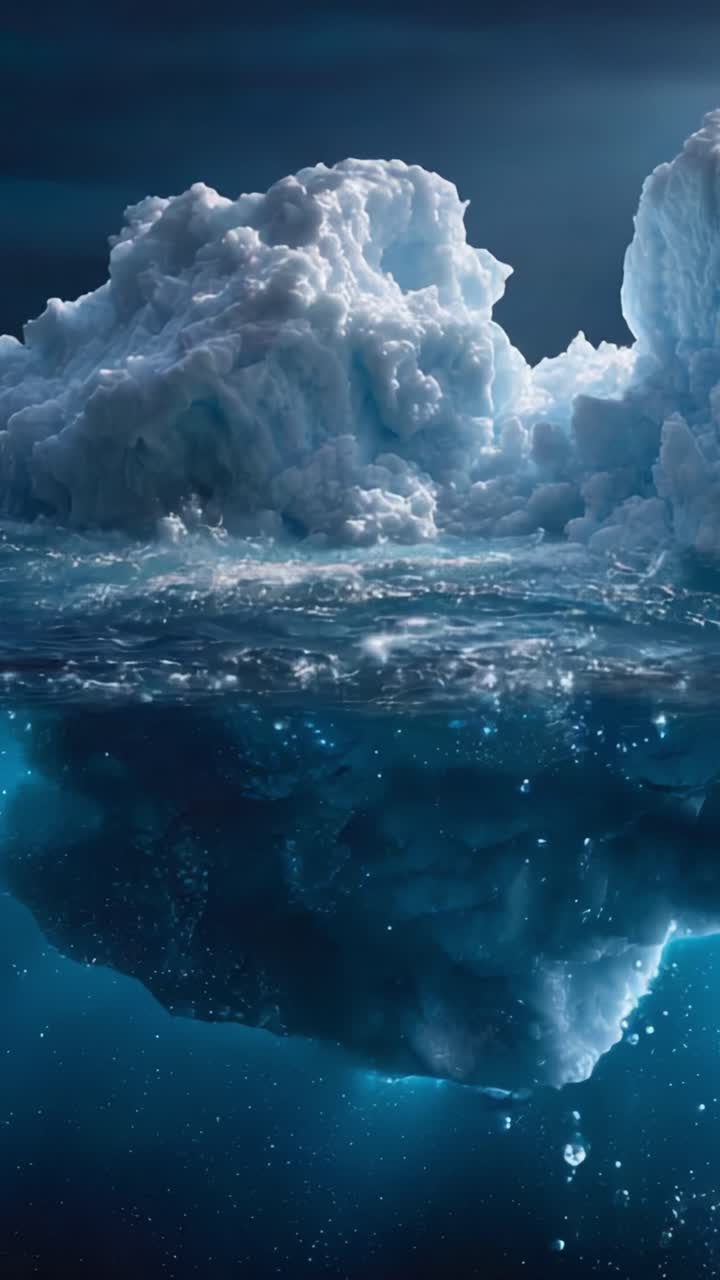 Majestic Iceberg Beneath the Surface: A Stunning Display of Nature's Power and Beauty in a Dark Oceanic Environment, Highlighting the Contrast of Ice and Water