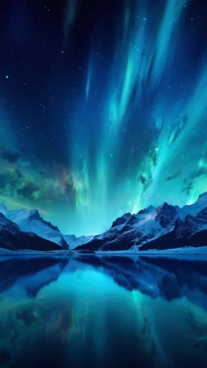 A mesmerizing night sky with aurora borealis over snowy mountains and a reflective lake