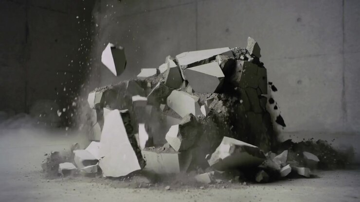 Breaking large gray concrete block after sudden shock, ejecting fragments and rising dust in studio
