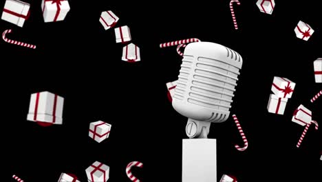 Animation-of-vintage-microphone-with-christmas-presents-falling-on-black-background