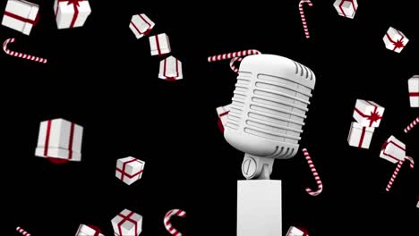 animación de un micrófono antiguo con regalos de navidad cayendo sobre un fondo negro