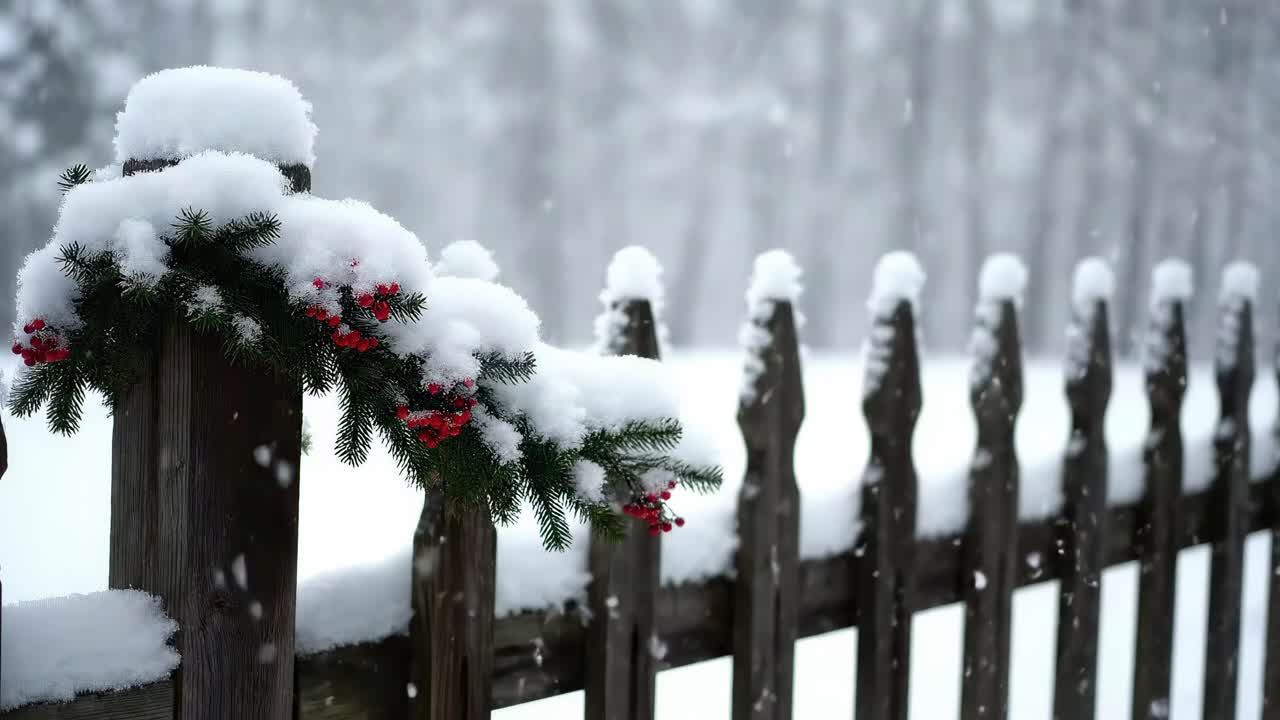 Winter scene video with a low-angle view of a snow-covered fence adorned with berries