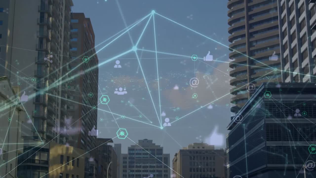 Animation of network of connections over cityscape