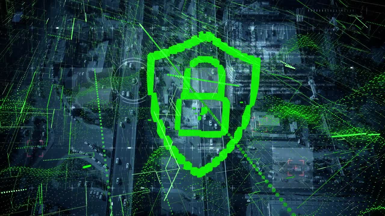 animación de candados digitales y líneas verdes sobre el tráfico vial y el paisaje urbano
