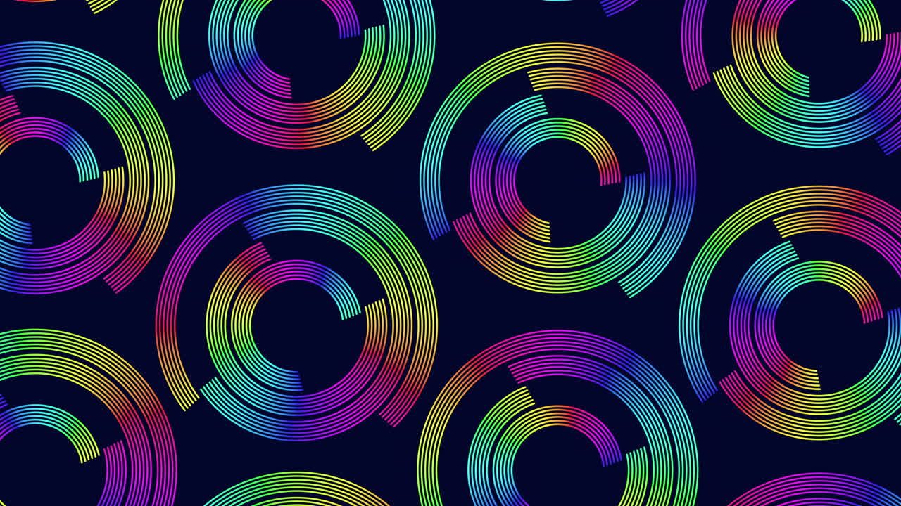 Vibrant rainbow spirals arranged in a circular fashion overlap in a mesmerizing pattern. The colorful spirals create a seamless and captivating visual design