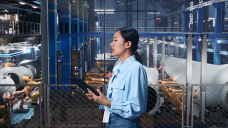 vista lateral de una trabajadora profesional asiática de pie en el centro de la fábrica de turbinas eólicas, observa mirando hacia arriba antes de llegar a concentrarse en la tableta y seguir comprobando