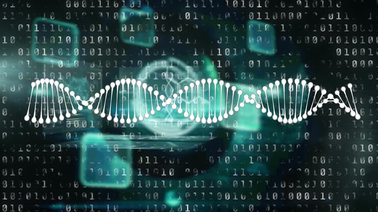 Dna structure spinning over screens on medical data processing against binary coding