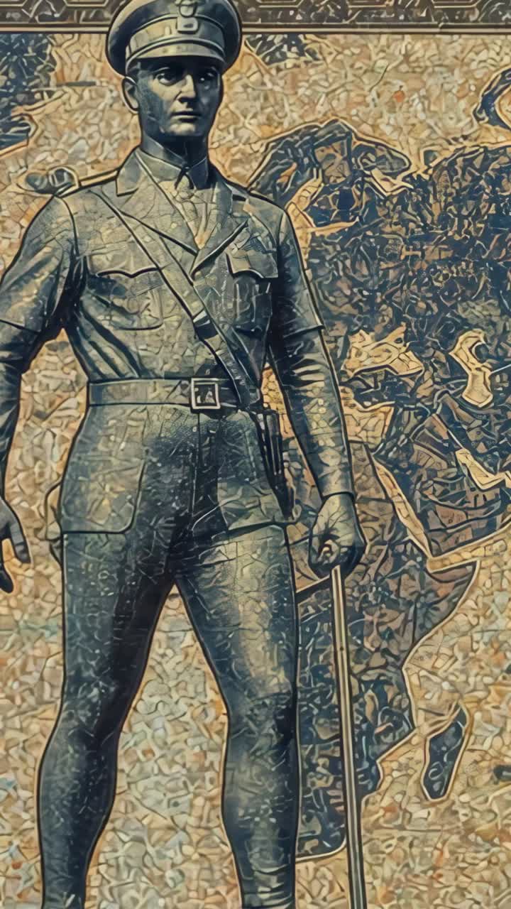 Vertical video: Panning camera and zooming in on soldier statue in memorial hall, mosaic backdrop