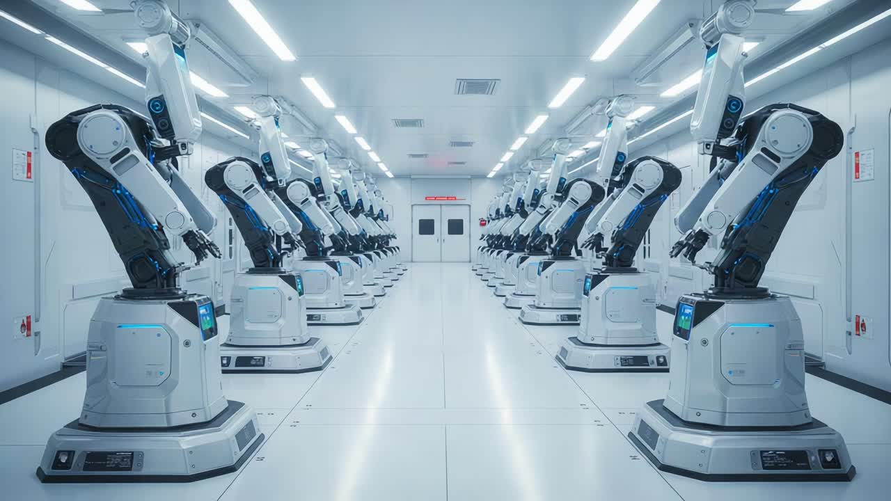 A Futuristic Factory Floor Featuring Rows of Advanced Robotic Arms in a Clean, High-Tech Environment, Showcasing Automation and Precision Engineering
