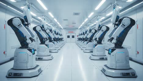 a futuristic factory floor featuring rows of advanced robotic arms in a clean, high-tech environment, showcasing automation and precision engineering