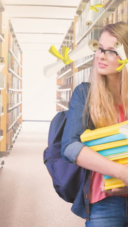 animation of certificates falling over caucasian female student with books