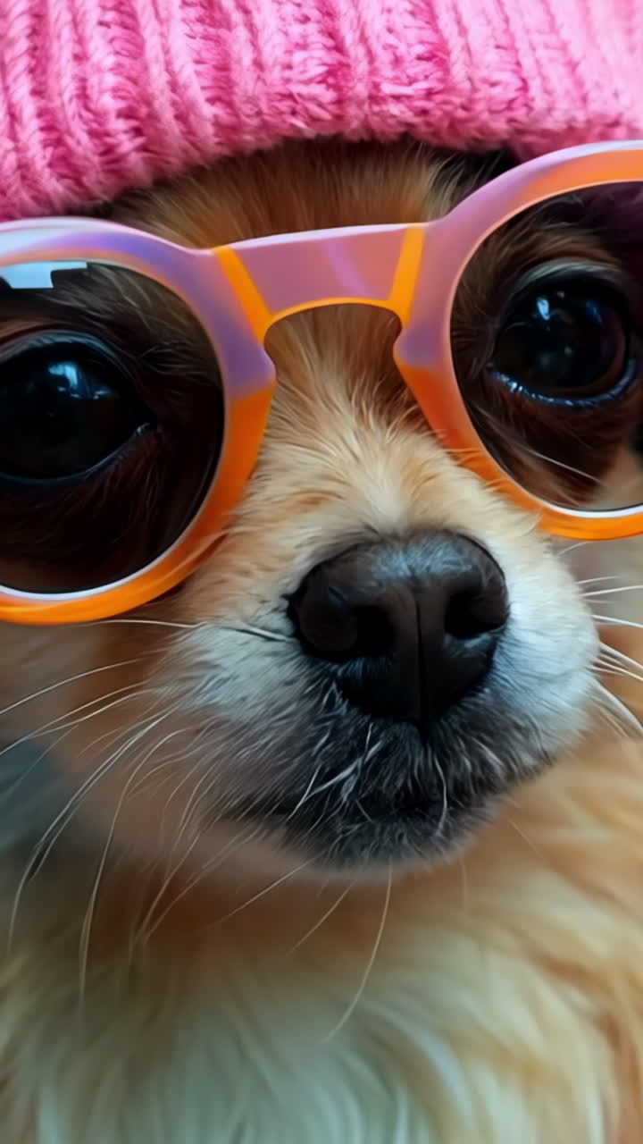 Three dogs wearing pink hats and glasses are posing for a photo. The dogs are wearing jackets and appear to be dressed up for a special occasion Vertical video