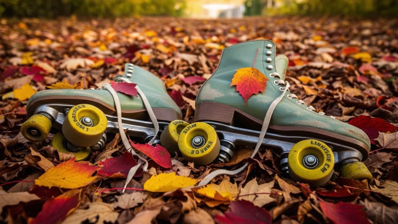 A Pair of Retro Roller Skates with Colorful Autumn Leaves: Capturing the Essence of Fall and Nostalgia in a Seasonal Setting