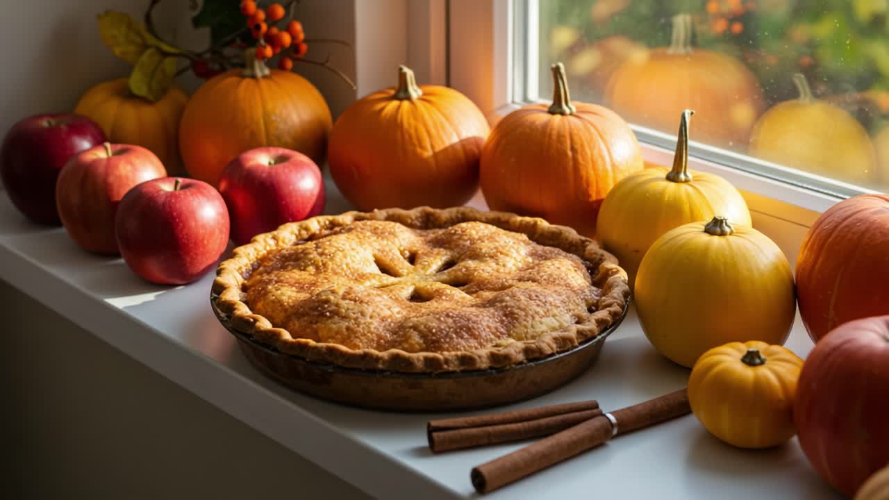 A Beautiful Autumn Harvest Display Featuring a Freshly Baked Pie Surrounded by Vibrant Pumpkins and Apples on a Sunny Window Sill, Celebrating Seasonal Abundance
