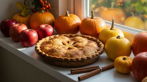 a beautiful autumn harvest display featuring a freshly baked pie surrounded by vibrant pumpkins and apples on a sunny window sill, celebrating seasonal abundance