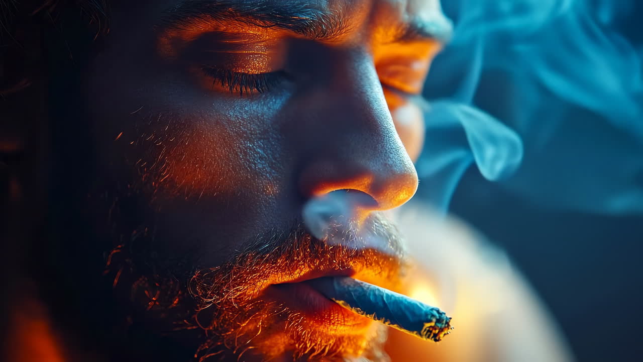 Smoky moment captured in soft light. A close-up shot shows a man exhaling smoke while contemplating in a dimly lit space, creating an atmospheric scene