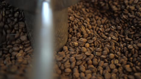 coffee beans after roasting spinning on cooling plate, slow motion close up