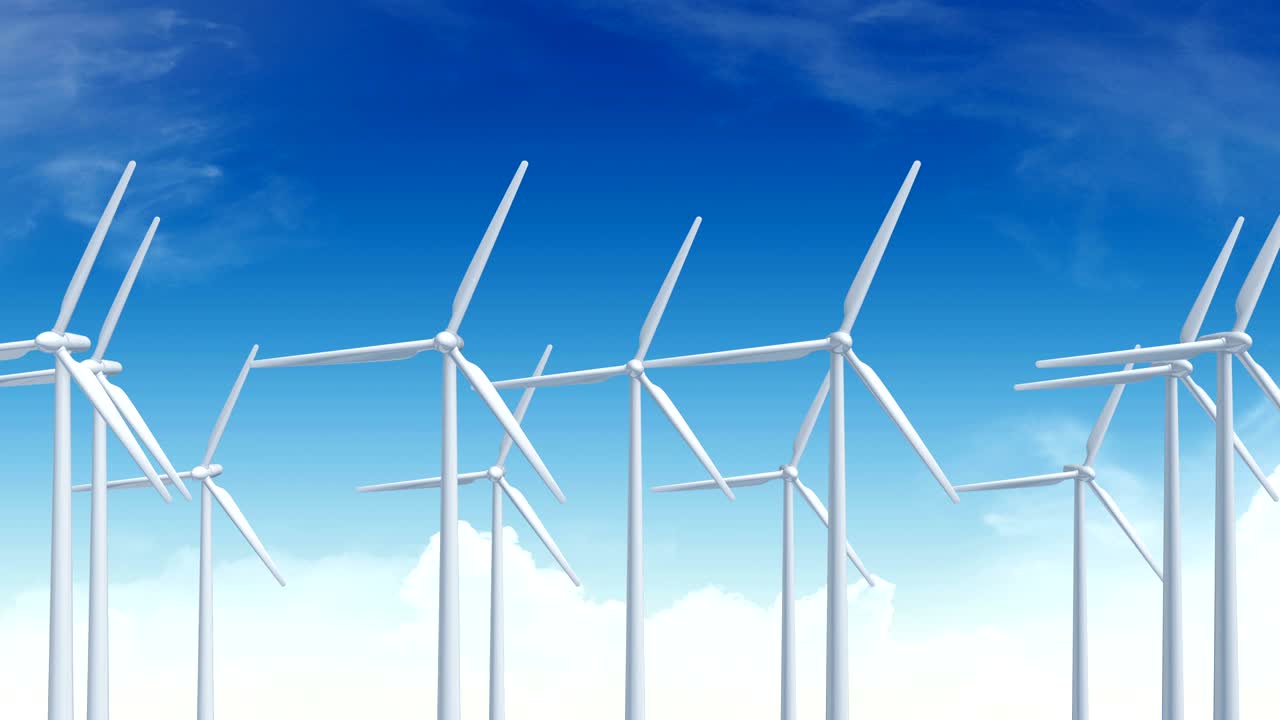 알파 채널과 함께 낮 하늘에 대항하는 풍력 터빈. loopable 디지털 3d 애니메이션.