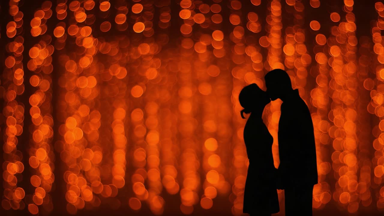 A Romantic Silhouette of a Couple Sharing a Kiss Against a Backdrop of Dazzling Orange Bokeh Lights, Symbolizing Love and Connection in a Dreamy Atmosphere
