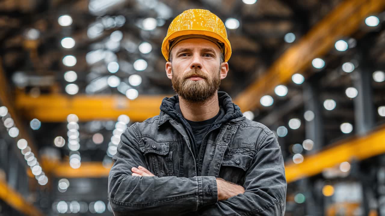 Confident Construction Worker in Industrial Setting: A Portrait Capturing Strength and Professionalism Encountering the Challenges of Modern Construction Environments