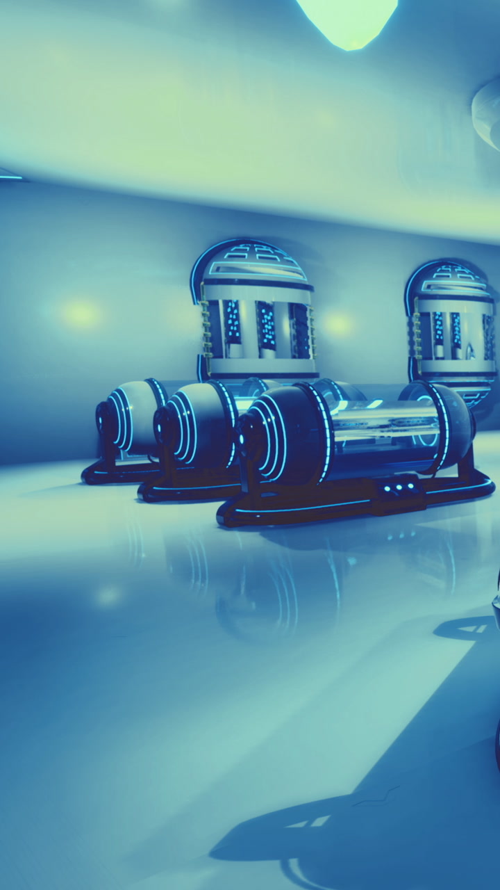 Machines in a science fiction lab with blue lights and reflections