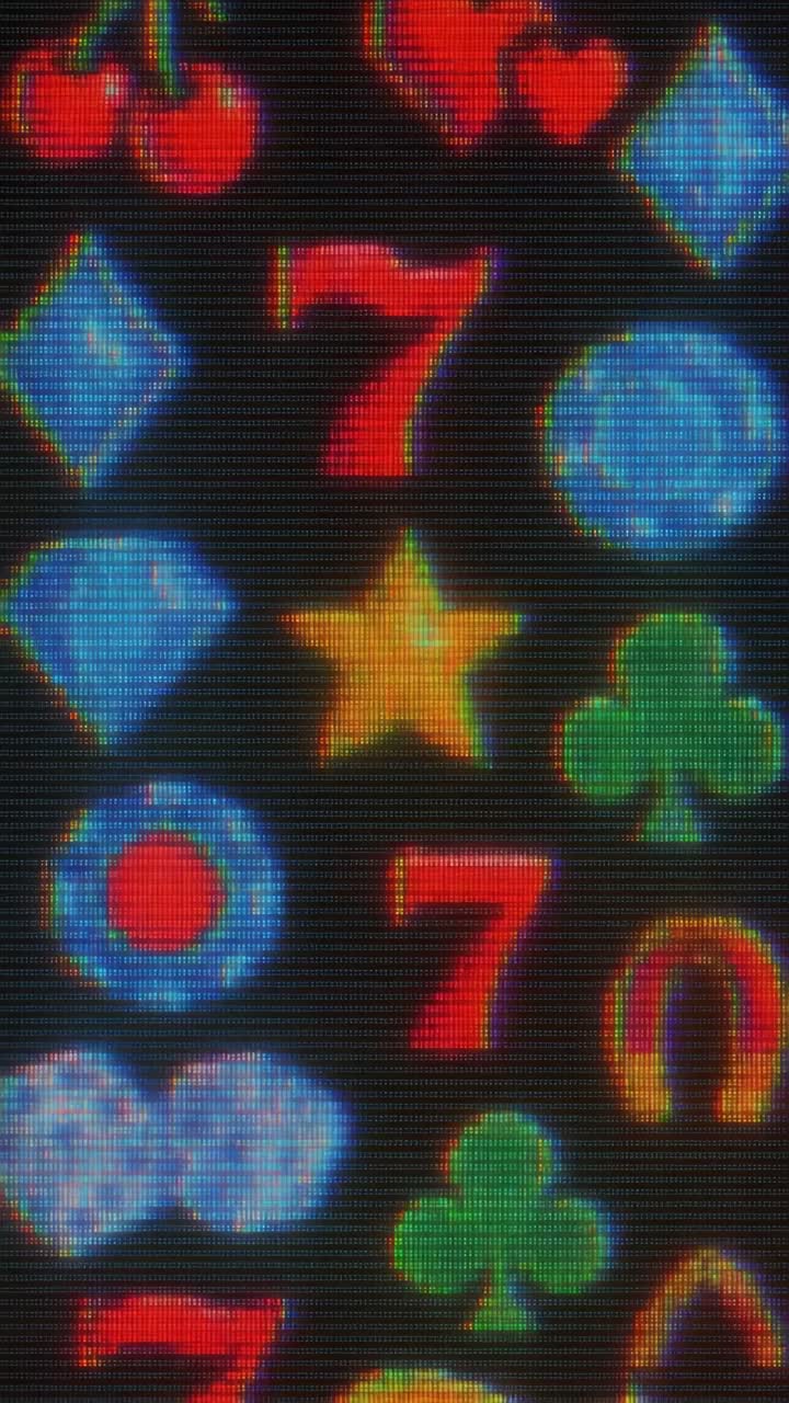 Fermo immagine ravvicinato di un video dello schermo colorato e pixelato di una slot machine, con ciliegie e cuori