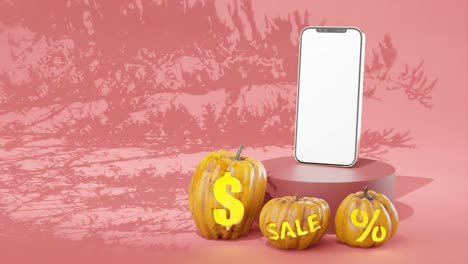 Campaña-Publicitaria-De-Venta-De-Halloween-Con-Teléfono-En-Exhibición-Y-Calabazas,-Fondo-Rojo