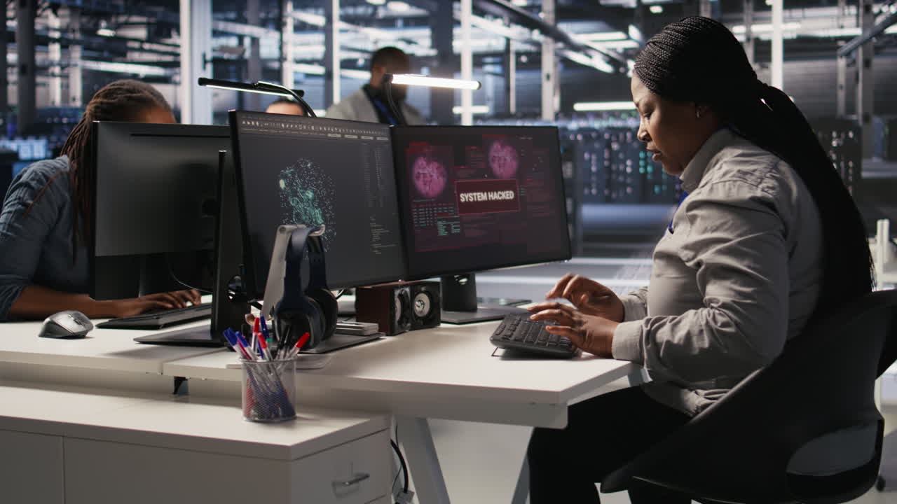 Vertical video Panicked system administrator in data center reacting to spyware warning