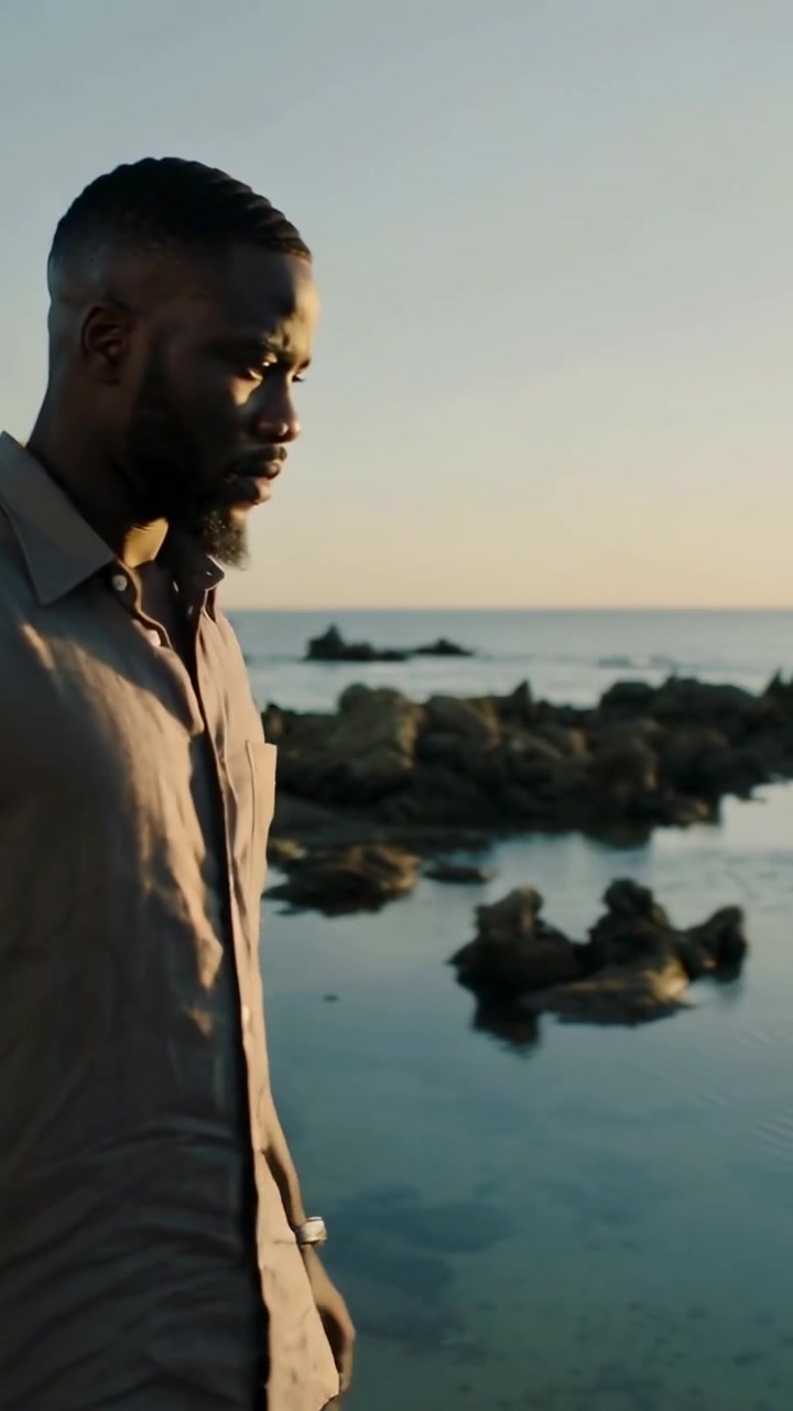 Vertical video: Placing laptop man wearing rolled sleeves top walking coast, gazing sun, copy space