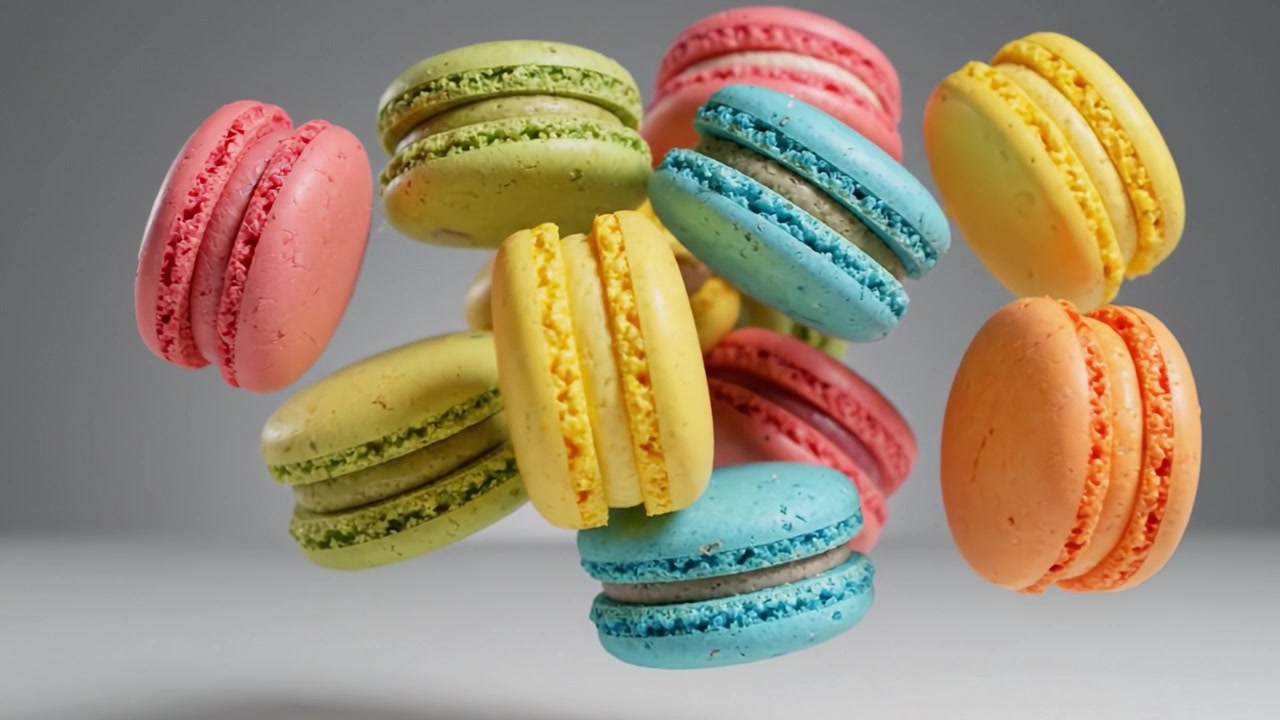 A Stunning Collection of Colorful Macarons in Mid-Air: An Enticing Display of Treats Showcasing Vibrant Hues and Lively Designs