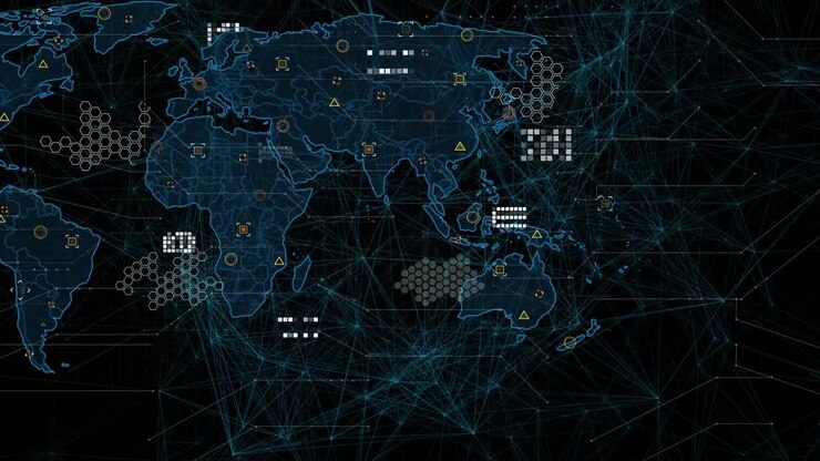 Animation of world map over network of connections on black background
