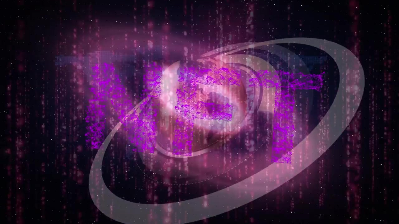 Testo NFT su un globo rotante e uno scanner circolare su forme astratte viola su sfondo grigio