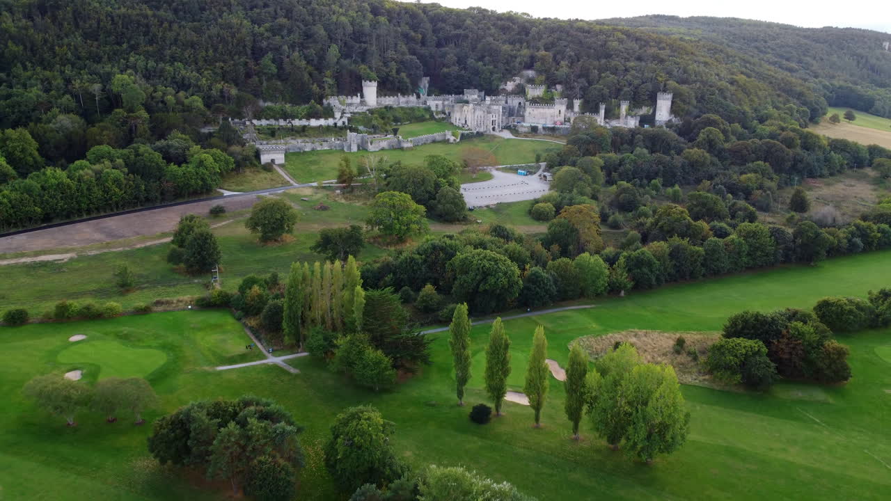 Aerial drone view of the Gwrych Castle in Conwy County Borough, Wales