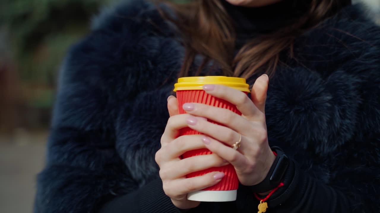 Cup of hot coffee in woman's hands outdoors. Young girl in fur coat warming her hands on the plastic cup with hot drink in a cold season. Close-up.
