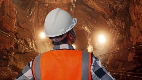 close up back view of a male engineer wearing safety helmet looking around while standing with arms akimbo in underground mine tunnel