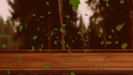 animación digital de múltiples hojas de otoño flotando sobre la superficie de madera contra el bosque