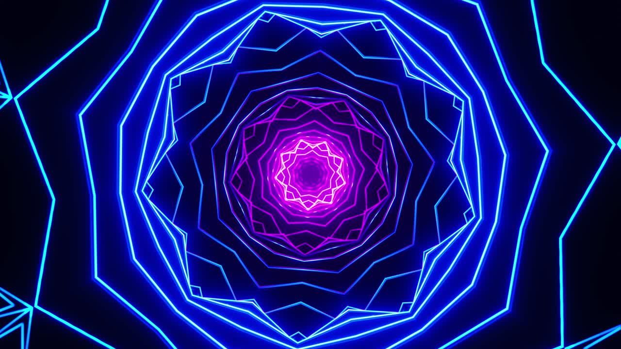 túnel de luz azul y púrpura. ciclo de caleidoscopio vj