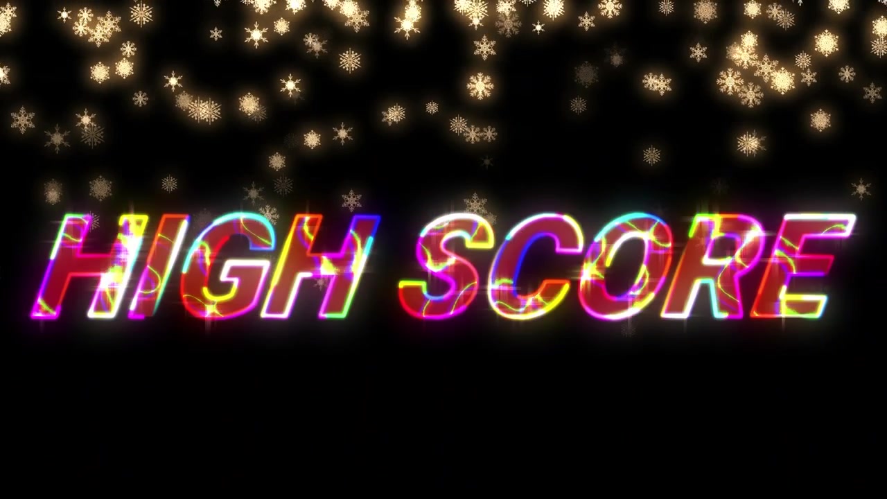 Animazione testuale 'High Score' con fiocchi di neve dorati che cadono