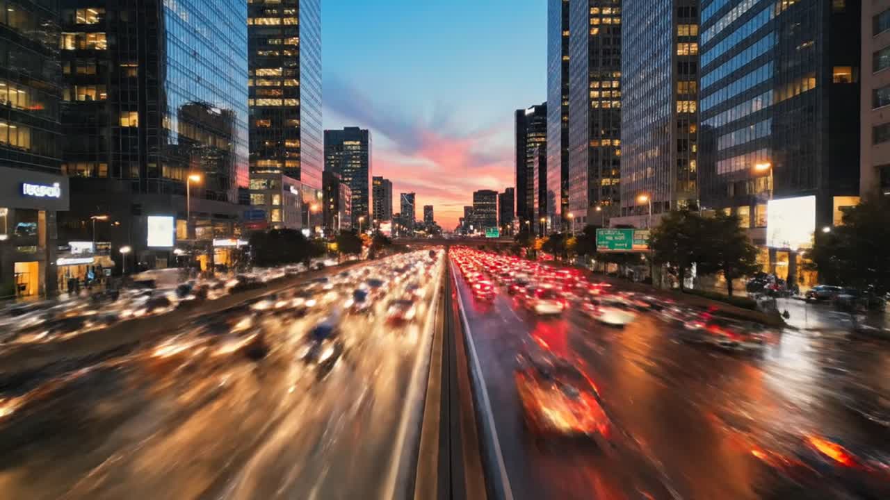 Traffico nel quartiere degli affari di Seul che crea scie luminose al crepuscolo.