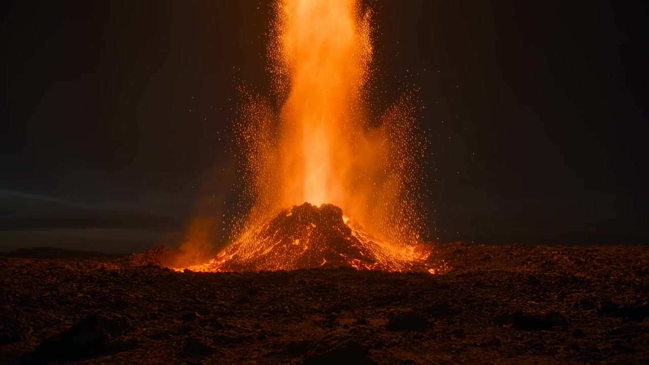Erupting volcanic vent releasing pressure, sending molten fountain over plain at night, sparks