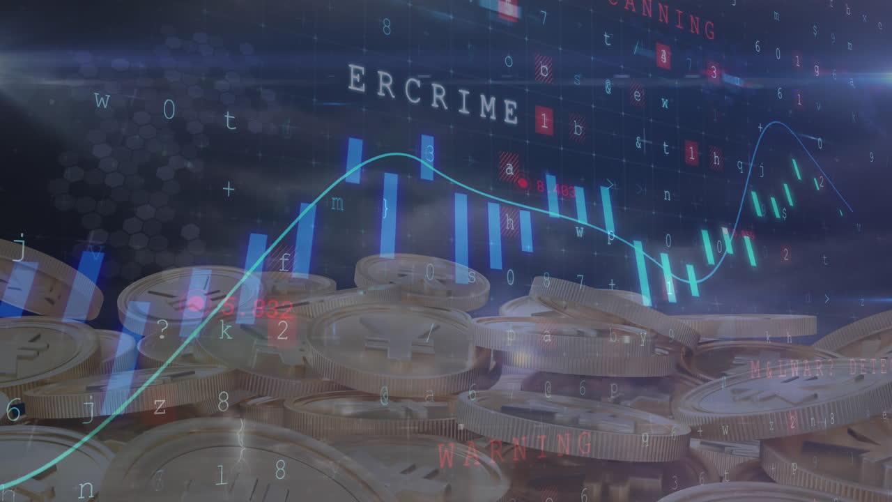 금융 데이터 처리 및 금 동전에 대한 사이버 공격 경고 텍스트의 애니메이션