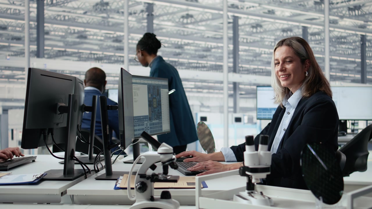 Smiling woman in semiconductors factory office analyzing PCB architecture