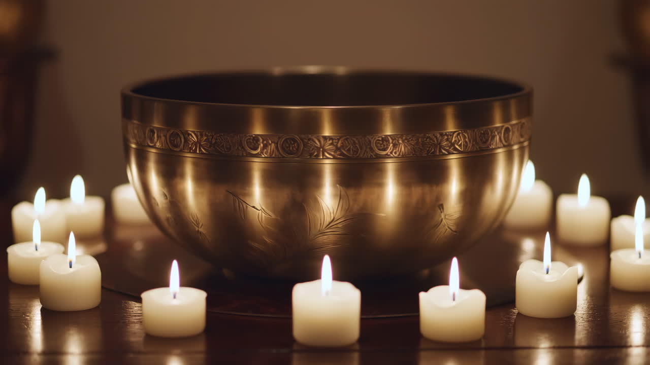 Tibetan Singing Bowl Surrounded by Lit Candles