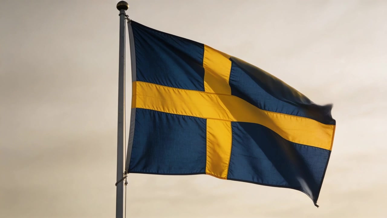 Flagrende i brisen, et svensk flag bølger og folder sig mod en varm himmel, der afslører flagstangsklemmer.