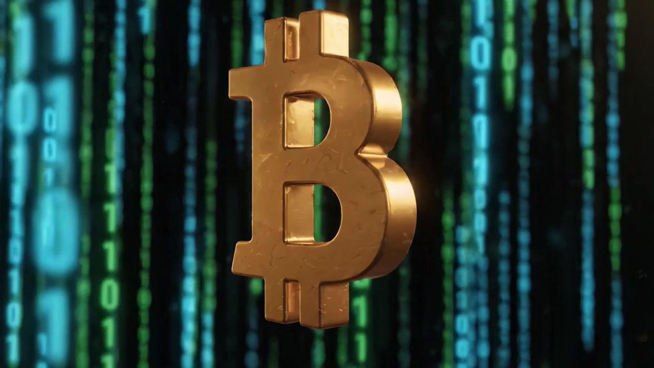 Representação Visual de Criptomoeda: O Ícone do Bitcoin Iluminado Contra um Fundo de Código Binário, Significando Moeda Digital e Tecnologia Blockchain