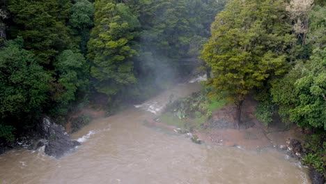 vista panorámica de las cataratas de otuihau whangārei durante las inundaciones con pulverización de niebla sobre el bosque de árboles en el norte de nueva zelanda aotearoa